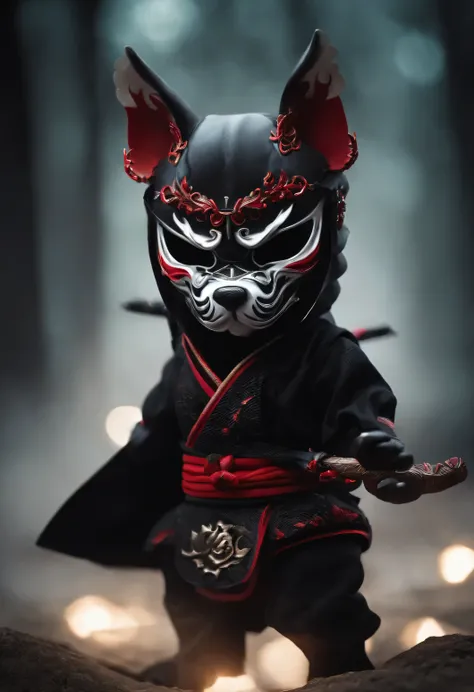 White ninja puppy wearing a Japanese demon mask, In a black outfit, threateningly