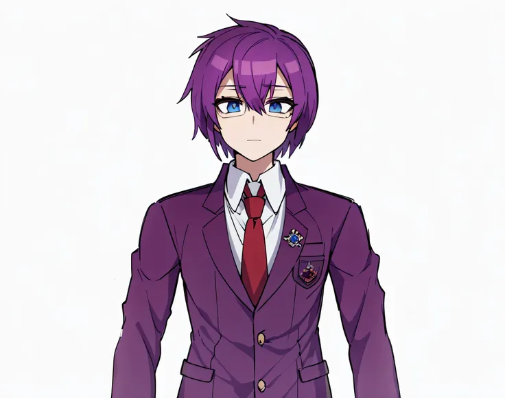 boy, purple hair almost to the shoulders, purple school uniform, red, tie,Grey shoes,Black poison glasses, Blue eyes.