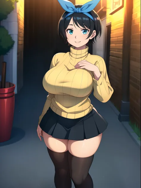 ((((kipteitei art)))), ((highres)),Masterpiece, high quality, best quality, beautiful, perfect lighting, detailed face, ultra cute face, ((1girl)), ((solo), ((((sarashina ruka)))), ((blue hairband)), ((tan turtle neck sweater)), ((black short skirt)), blac...