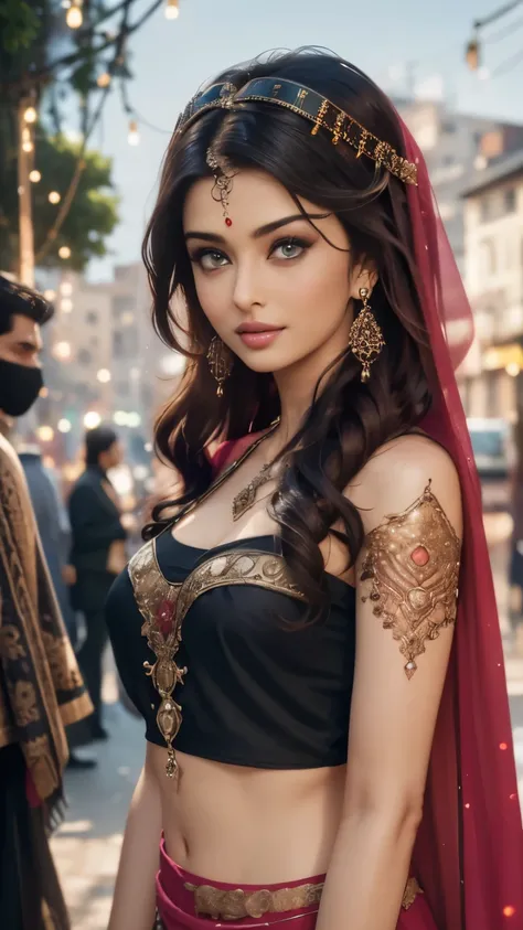 In the bustling streets of a vibrant Indian city, amidst the kaleidoscope of colors and scents, a woman, Aishwarya Rai, clad in a vibrant red saree and a black blouse becomes an ethereal sight that captivates all who lay eyes upon her. Her undeniable beaut...