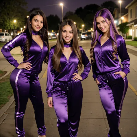 two beautiful young 21 year old women, hands on hips, beautiful eyes, pretty face, detailed eyes, perfect eyes, (long flowing hair, mix of hair styles), (mix of hair colors), (purple shiny satin tracksuits with stripes), smiling, looking into camera, low l...