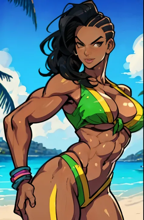 1 sexy woman, 25 yo,  (laura matsuda) (streetfighter) gta style, cowboy shot, mid distance shot, perfect eyes, perfect body, perfect hands, perfect lips, hourglass body, 34d breast, copa cabana beach, background, extremely detailed, ultra-realistic, dark h...