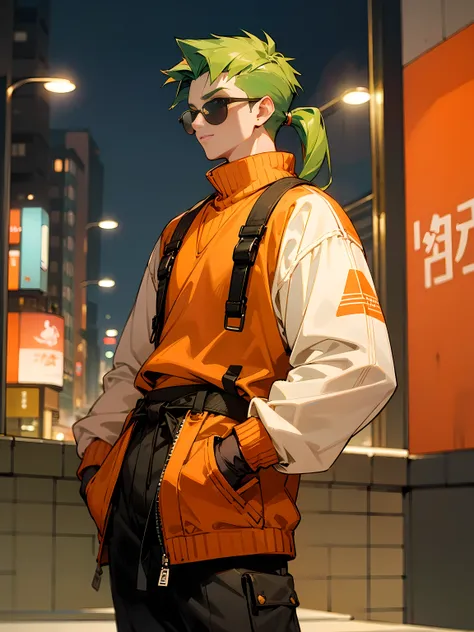 1male, green hair, modern undercut, Orange long sleeve sweater, black sweatpants, pony tail, black gloves, sunglasses, hands in pocket, tokyo, night , city, masterpiece quality