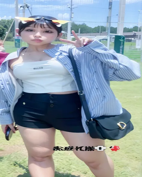 Woman in white shirt and black shorts poses for photo, cropped shirt(With Jacket), セクシーなwearing crop tops, crop top, crop topを着ている, simple style, casual clothes style, wearing crop tops, casual clothes装, her navel is exposed, casual clothes, cool style, we...