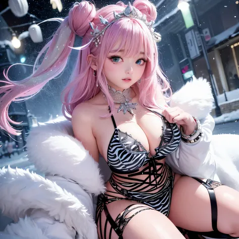 Upper body、one girl、I have dark blue hair color、two - tone、(pink highlight hair、bun hair、jewel design tiara、jewel design tiary、super huge boobs、Zebra print jewel design bikini、off shoulder、coat with fur、Sparkling jewel lace decoration on the body、Countless...