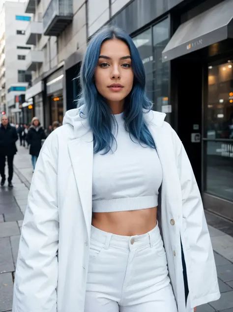 "(best quality,high resolution),Beautiful woman,blue hair,in white coat,Full body shot, she is standing,ultra-detailed skin, film grain,portrait,on the street"