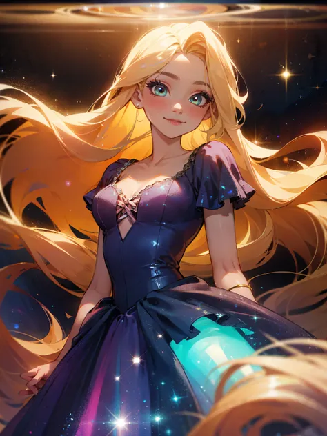 bioluminescent shiny glow, beautiful girl in flowing ballgown dress, galaxy style dress, galaxy glow, sparkling, ethereal, fluff...