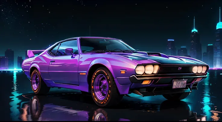 retroonda. CIDADE, Nissan S30 1969, kit de corpo largo, Estrada,  purple neon lights, sol, montanha, 
(obra de arte,detalhado,high resolution),