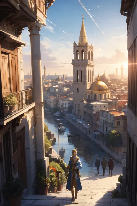 Unveil the enchanting allure of Constantinople, an animated cityscape bathed in the soft embrace of the setting sun. Framed within towering walls, witness the ceaseless hustle and bustle of this magnificent realm. As the suns golden rays stretch over the c...