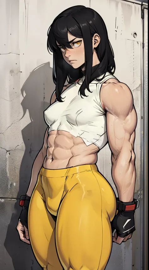 pale (((((girl))))) ((((muscular)))) ((small breasts toned body thick)) expressionless sad black hair yellow eyes pale sweaty skintight