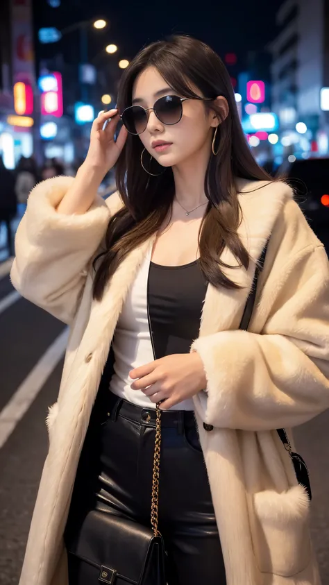 Best-quality, Masterpiece, Ultra-High-Resolution, (Photorealistic:1.4), Raw-Photo, 1girl, 18-years-old, the most famous Japanese actress, at midnight, smoking at HIROSHIMA street, wearing extremely luxurious fur-coat and sunglasses with stylish-design, ext...