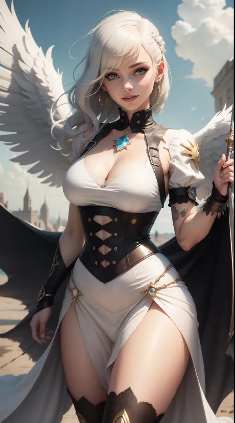 gwen tennyson,yorha 2b,tracer,yshtola rhul, overwatch,atelier ryza,close up,heaven realm view,tattoos,golden and white plugsuit, white short sleeve angel top,short sleeve angel jacket,long medieval skirt,harness corset,long curly hair,punk makeup, green ey...