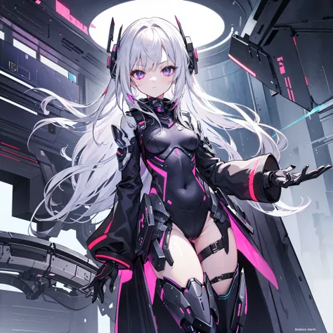 Solo girl, inside transport ship, scifi tight-fitting armour, best quality, detailed, white hair, long straight hair, purple eyes, robotic eyes, humanoid robot, earpeice, weaponry, looking contempt, exposed thighs, small breasts, short