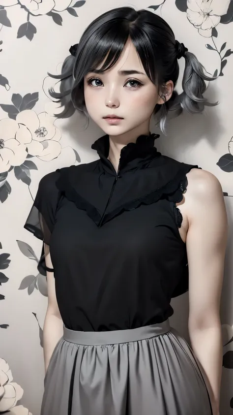 ((wallpaper 8k)), ((surreal)), ((Quality with attention to detail:1.2)), 1 girl, １４talent、kind eyes、plump lips、Ash gray hair、An ennui look、small breasts、small breasts、black elegant dress,Black capelet, look up, Widespread poverty, short cut hair、short hair...