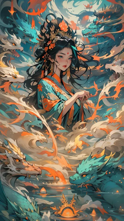 Telling the mythical story of Nuwa patching up the sky，Chinese mythology and stories，She smelts colorful stones to mend the sky；Stopped terrible floods。Deep background，absurd，marvelous and unbelievable，epic composition，(intricate details，Ultra-detailed:1.2...