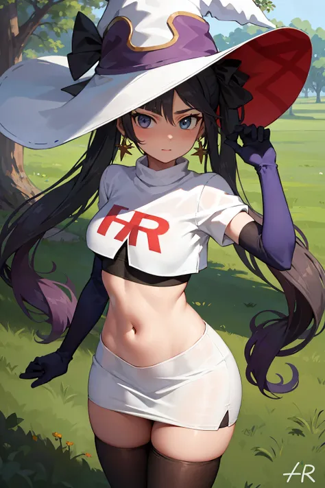 ((masterpiece,best quality)), team rocket,team rocket uniform, red letter r, white skirt,white crop top,black thigh-highs,black ...