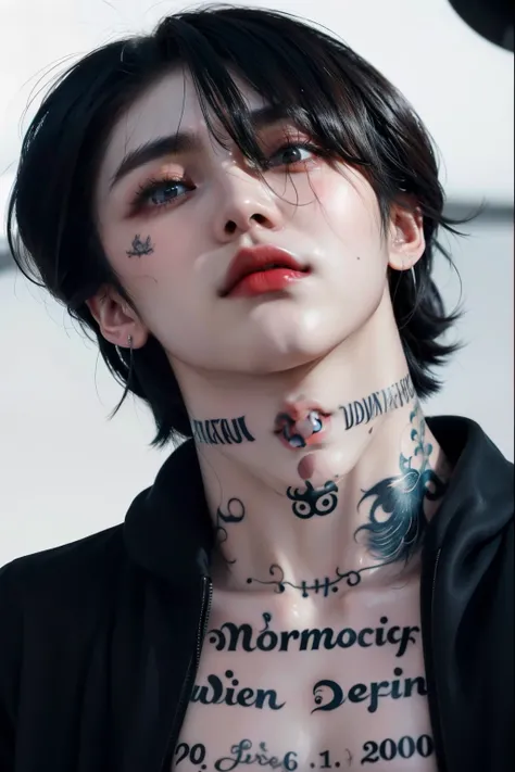 um close up de uma pessoa com uma tatuagem no peito, neck tattoos, cai xukun, com tatuagens de runas no rosto, Kim Doyoung, Jinyoung Shin, taejune kim, attractive neck, inspirado em Kim Deuk-sin, inspirado por Ren Xiong, com tatuagem facial, pintar ulzzang...