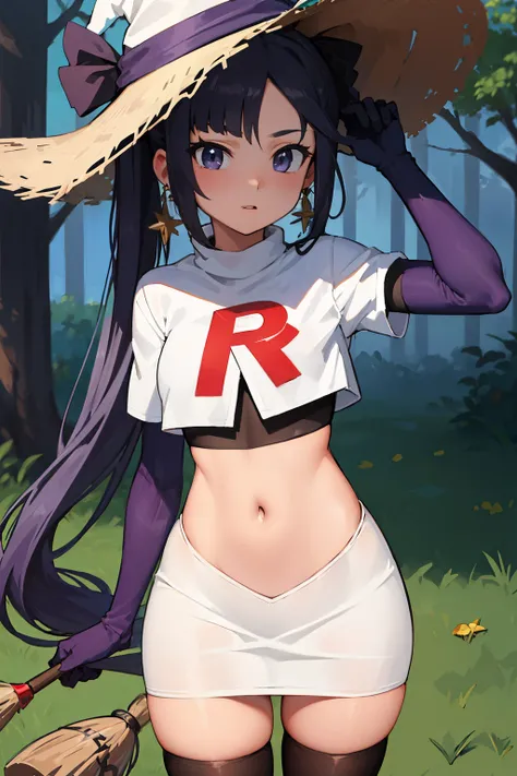 ((masterpiece,best quality)), team rocket,team rocket uniform, red letter R, white skirt,white crop top,black thigh-highs,black elbow gloves zettai ryouiki, aamona, long hair, twintails, hair ornament, black ribbon, earrings, witch hat, purple headwear, co...