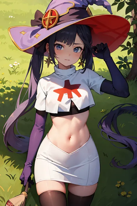 ((masterpiece,best quality)), team rocket,team rocket uniform, red letter R, white skirt,white crop top,black thigh-highs,black elbow gloves zettai ryouiki, aamona, long hair, twintails, hair ornament, black ribbon, earrings, witch hat, purple headwear, co...