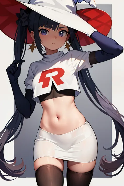 ((masterpiece,best quality)), team rocket,team rocket uniform, red letter R, white skirt,white crop top,black thigh-highs,black elbow gloves zettai ryouiki, aamona, long hair, twintails, hair ornament, black ribbon, earrings, witch hat, purple headwear, co...