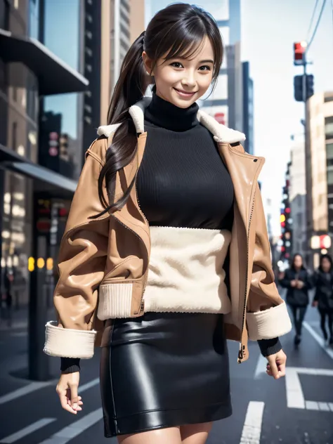 realistic, 8K, Standing position, Full body pinup poster from head to foot, 20-year-old, Beautiful woman, attractive look, A big smile staring at the camera,best smile, Hair style is ponytail, Winter clothes, coat, knit, Jacket, leather, Shibuya in the bac...