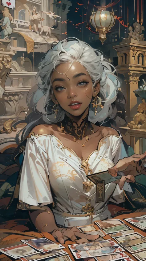 tarot cards，完整的tarot cards边框，(图像被tarot cards式边框包围:1.8), black woman ahgao，silver hair，a heartwarming smile，thick lips，elongated eyes，charming eyes，（Beautiful and detailed eye descriptions），snow white skin，Mature，red lips（Very delicate and beautiful），Super ...