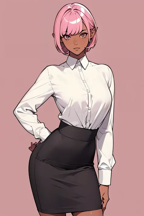 1girl, pencil skirt, white shirt, dark skin, short hair, pink hair, bangs, pointy ears, curvy, simple background, bent pose