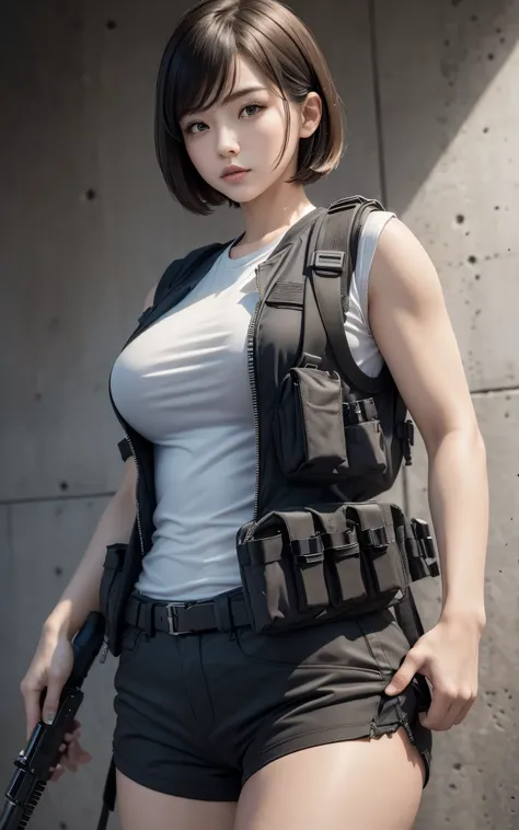 ((Best Quality, 8K, Masterpiece: 1.3)), ((best quality)), high resolution, photorealistic, photorealism, 1girl aiming with an ak-47 assault rifle, plump and musclar, Combat pose, looking to the camera, (Detailed face), short hair, nylon short pants, tactic...