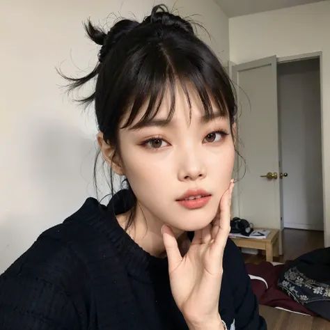 jennie who is posing for a photo in a room, young lovely korean face, linda mulher sul-coreana,jennie has black hair com franja,...