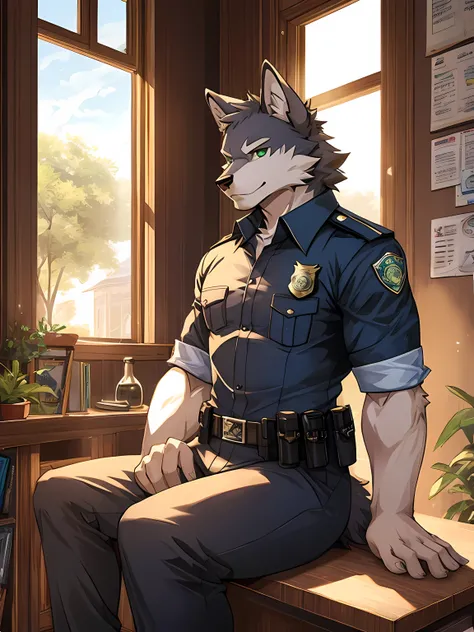 furry,alone,wolf,Chrome colored fur,Emerald green eyes,Realistic horoscope details,wearing a police uniform,Sitting by the window in the office.,Look out the window..,The sun shines in through the window..,Empty eyes