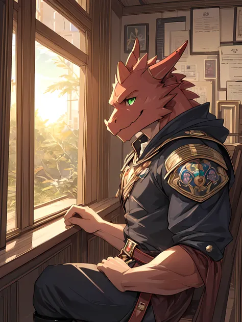 furry,alone,dragon,Pink skin,Emerald green eyes,Realistic horoscope details,Wear a medieval knight&#39;s outfit&#39;military uniform.,Sitting by the window in the office.,Look out the window..,The sun shines in through the window..,Empty eyes