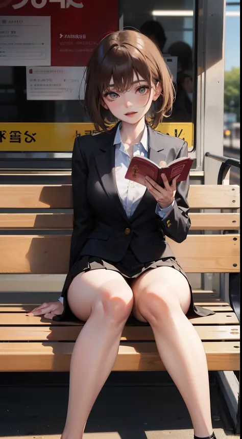 A lovely 35-year-old woman in a business suit and tight skirt is sitting on a horizontal wooden bench at the train station and reading a book. Spread her legs a little and look at her inner thighs from the front.