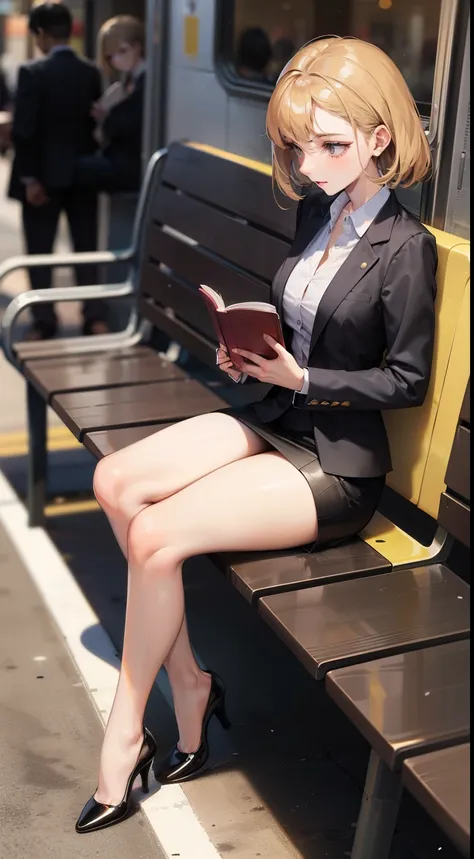 A lovely 35-year-old woman in a business suit and tight skirt is sitting on a horizontal wooden bench at the train station and reading a book. Spread her legs a little and look at her inner thighs from the front.