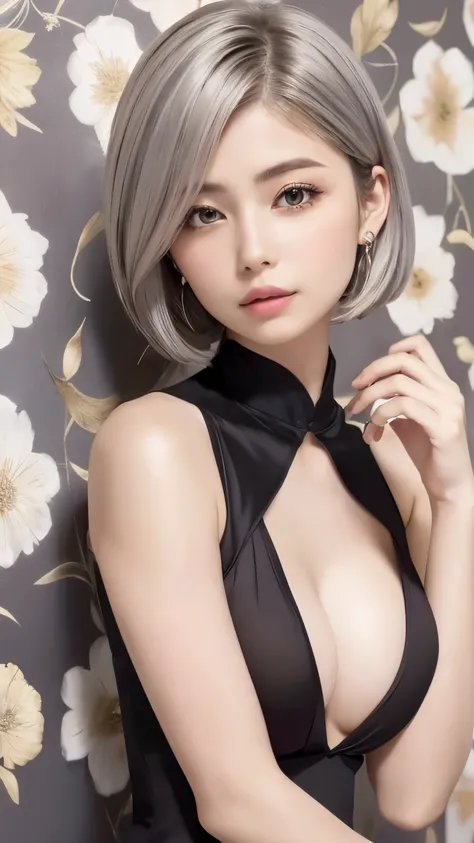 ((wallpaper 8k)), ((surreal)), ((Quality with attention to detail:1.2)), 1 girl, １４talent、kind eyes、plump lips、Ash gray hair、An ennui look、(((small breasts、small breasts、areola:1.1、nipple)))、black classy dress,Black capelet, look up, Widespread poverty, sh...