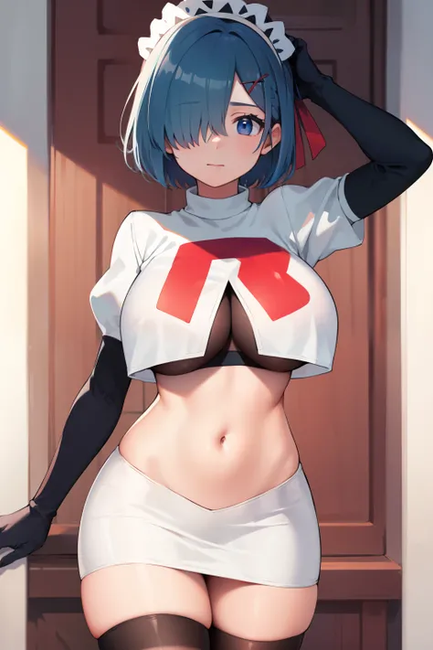 masterpiece, best quality, highres, aarem, short hair, skyblue hair, maid headdress, x hair ornament, hair ribbon, hair over one eye, large breasts, cowboy shot, team rocket,team rocket uniform, red letter R, white skirt,white crop top,black thigh-highs,bl...