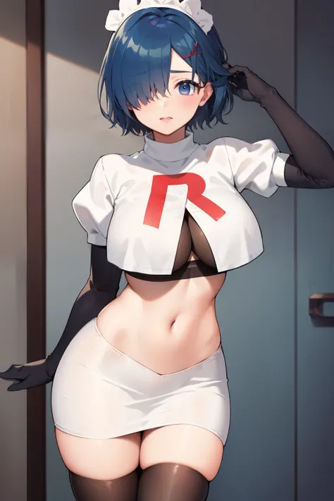 masterpiece, best quality, highres, aarem, short hair, skyblue hair, maid headdress, x hair ornament, hair ribbon, hair over one eye, large breasts, cowboy shot, team rocket,team rocket uniform, red letter R, white skirt,white crop top,black thigh-highs,bl...