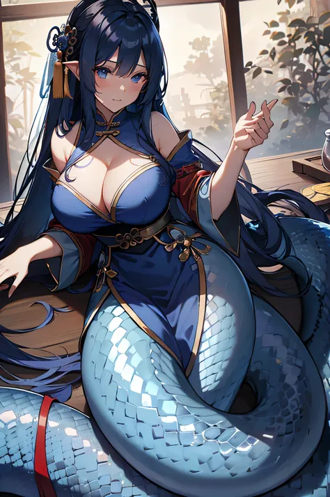 4K,High resolution,one woman,Lamia,dark blue hair,long hair,big breasts,ancient chinese princess,China dress,ancient chinese royal family