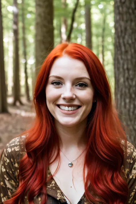 photo of a woman, red hair, smiling, in the woods 