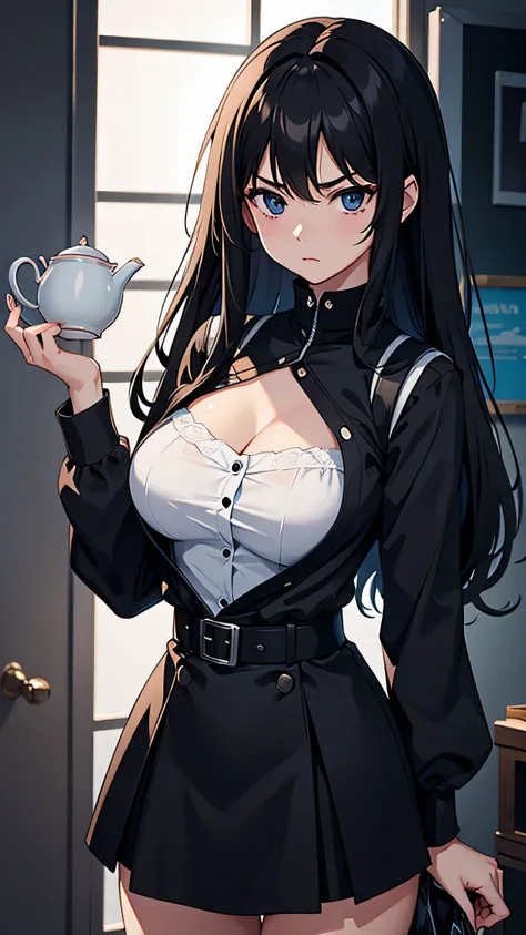 最high quality、best image quality、masterpiece、teenage girl((18-year-old、 By becoming、vest bust、medium bust,wide open breast tea、black eye, black hair、long hair、thin,highest valley、black clothes、serious face)),high quality、beautiful art、background((white wal...