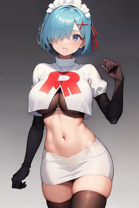 masterpiece, best quality, highres, aarem, short hair, skyblue hair, maid headdress, x hair ornament, hair ribbon, hair over one eye, large breasts, cowboy shot, team rocket,team rocket uniform, red letter R, white skirt,white crop top,black thigh-highs,bl...