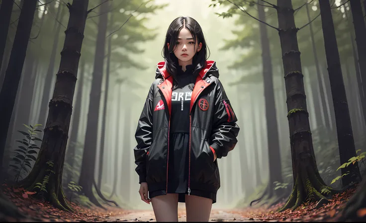 A young woman stands in a dark forest, surrounded by tall trees with red leaves. The person’s face is hidden by a blur, as if to protect their identity. They wear a black jacket and have dark hair that reaches their shoulders. The forest is dimly lit, crea...