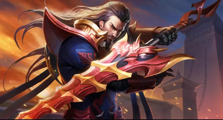 um homem com espada e armadura em uma cidade, Silas, inspirado em Huang Shen, Heise Jinyao, inspirado em Li Kan, Guan Yu, bian lian, xianxia hero, por Yang J, inspirado em Shen Zhou, johnny silverhand, inspirado em Huang Ding, arte inicial, ne zha de smite...