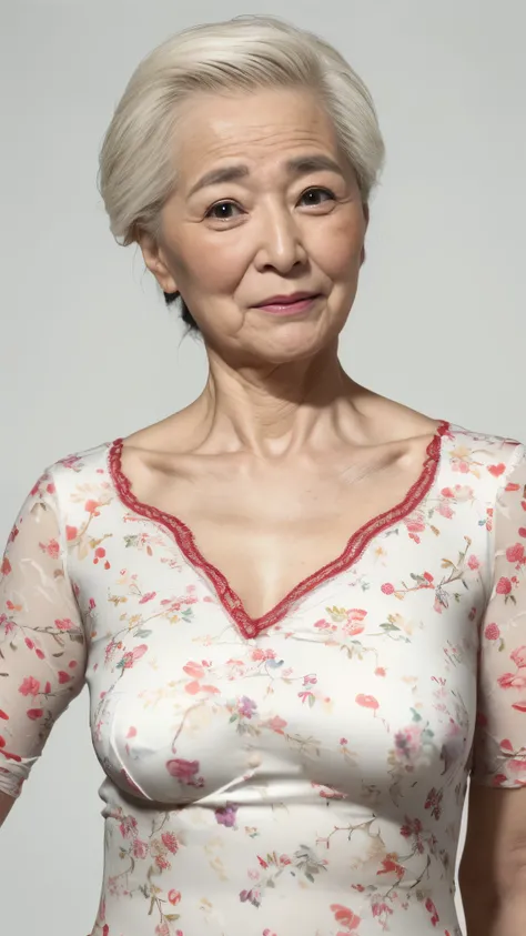 (((masterpiece))), 8k, clear image, (((alone))), (((old elderly chinese milf))), pure white background, lower your arms, wear a flashy bra, gravure, facing the front, ((Elderly mature woman with an old face)), describe the lips correctly,red lips, flashy m...