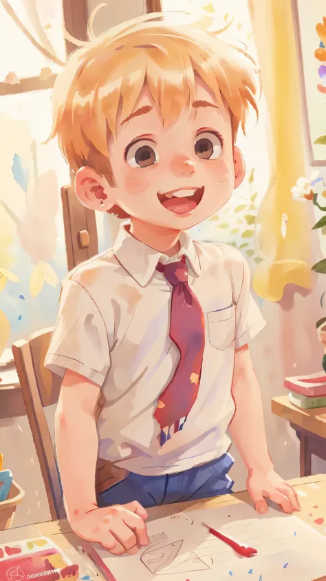 A boy, school, blond, hair on the neck, watercolor, happy, happy, perfect quality, clear focus (clutter - house: 0.8), (masterpiece: 1.2) (realistic: 1.2) (bokeh ) (best quality) (detailed skin: 1.3) (complex details) (8K) (detailed eyes) (sharp focus), (h...