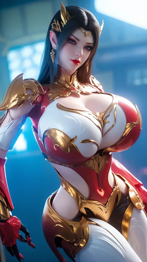 (HYPER-REALISTIC:1.5), (PHOENIX GOLD HELM:1.1), (BIG BUTTOCKS,HUGE FAKE BREAST:1.5), ((CLEAVAGE:1.5)), (MUSCLE ABS:1.3), (MECHA GUARD ARMS:1.1), (RED SHINY FUTURISTIC MECHA CROP TOP, BLACK MECHA SKINTIGHT LEGGINGS,CLOSE UP:1.5), (MUSCULAR BODY, WETS SWEATY...