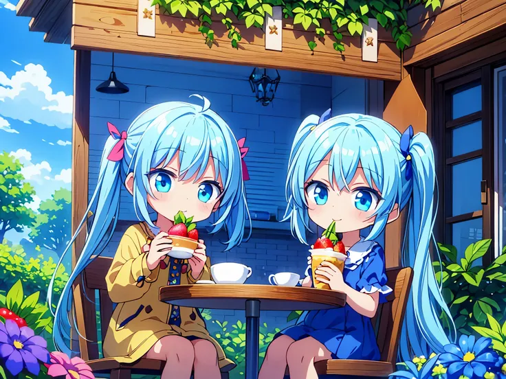 cafe under the blue sky、full of flowers((some photos)).beautiful girl with long light blue hair　hair style is twin tails　adorabl...