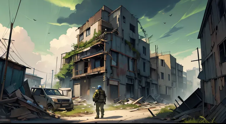 (Ultra detailed), (masterpiece), (best quality), (very detailed CG unit 8k wallpaper), a man in hazmat gas mask suit holding an assault rifle exploring abandoned city, following the road, polluted, abandoned, (((holding AR-15 assault rifle)))), (green sky)...