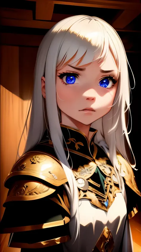 masterpiece, highest quality, disorganized, beautiful girl, Platinum Armor, Detailed engraving, engraved breastplate, Upper body, looking at the viewer, Medieval, anger, sad, blonde hair, punishment room, dungeon, Dark stone room, night, High resolution, S...