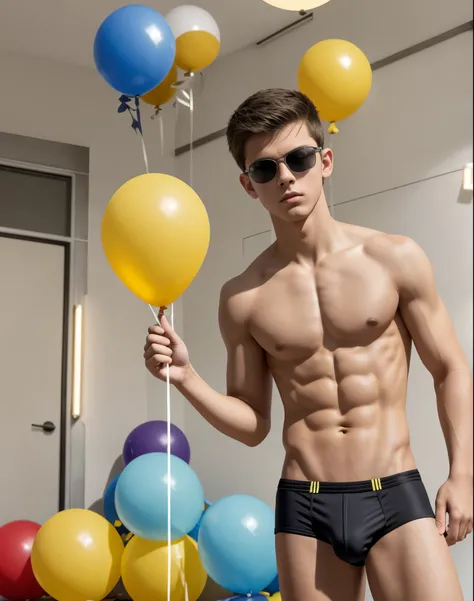 16-year-old boy, blowing up big balloons, playing with big balloons, wearing speedos, shirtless, abs, thin body, slim body, skinny body, handsome, young boy, youthful, boyish, cute, black military sunglasses, rayban aviators, photography, realistic, big ba...