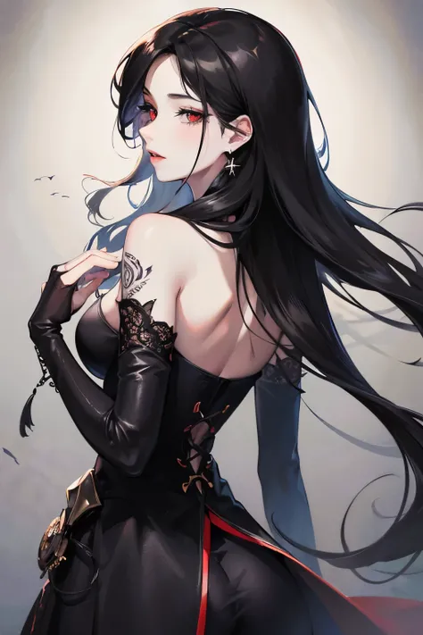 (high quality,best quality,masterpiece:1.2),1 girl,beautiful and delicate eyes,Beautiful and delicate lips,Extremely detailed eyes and face,long eyelashes,black hair,red eyes,earrings,view from behind,Show back,skirt,Blood,dark atmosphere,gothic style,pale...